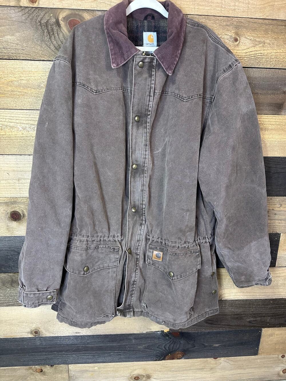 CARHARTT Men’s Vintage Brown Canvas Plaid Blanket Lined Chore Coat Size XXL TALL